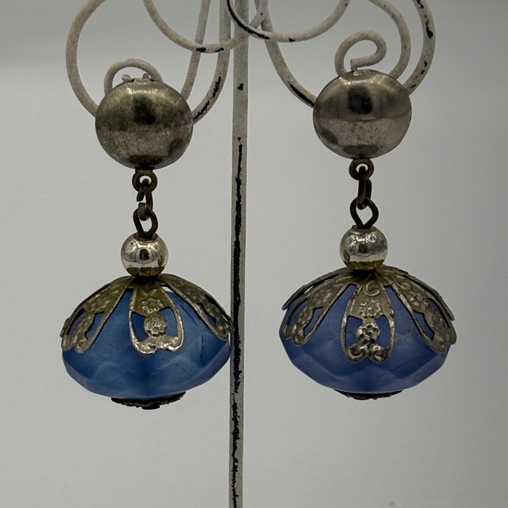 Extra Large Lucious Cornflower Blue Lucite Stone and Silver Drop Earrings